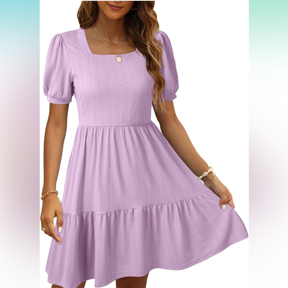 Black Women's Casual Dress Square Neck Short Sleeve Knee Length Babydoll Dress L